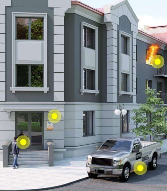 Clickable Coverage - Property Manager Person Walking Into an Apartment Building with One of the Windows on Fire